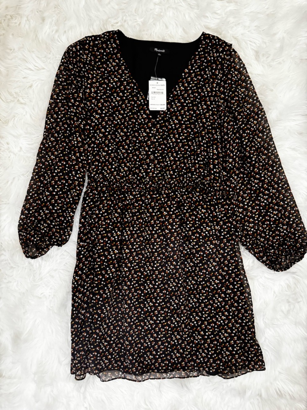 Madewell Black Floral Long Sleeve Mini Dress Size M NWT - Picture 2 of 8